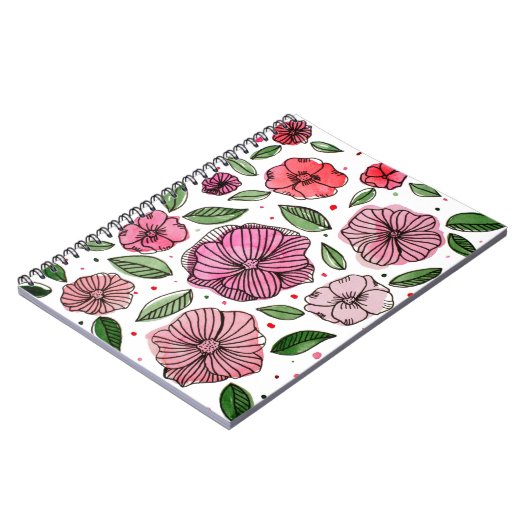 Carnet Aquarelle et fleurs d'encre - rose et vert (Côté gauche)