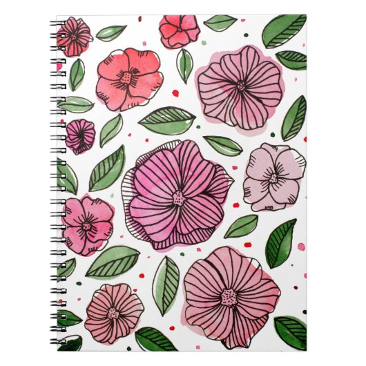 Carnet Aquarelle et fleurs d'encre - rose et vert (Devant)