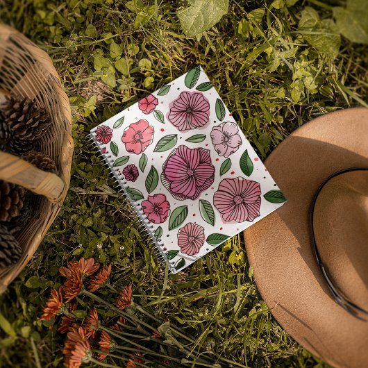 Carnet Aquarelle et fleurs d'encre - rose et vert