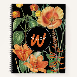 Carnet Aquarelle Fleur sauvage noir orange monogramme
