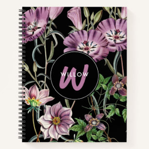 Carnet Aquarelle Fleur sauvage noir violet monogramme