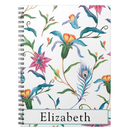 Carnet Aquarelle Fleurs et plumes de paon Monogramme (Devant)