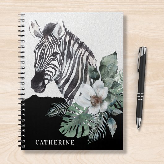 Carnet Aquarelle Floral Wild Zebra Nom personnalisé