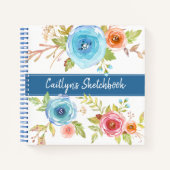 Carnet Aquarelle florale bleu sketchbook nom chic (Devant)