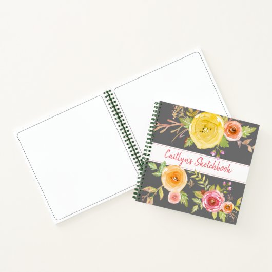 Carnet Aquarelle florale gris nom du script chic (Intérieur)