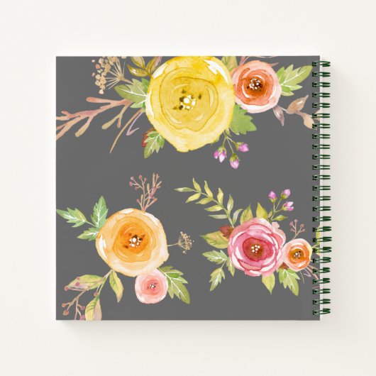 Carnet Aquarelle florale gris nom du script chic (Dos)