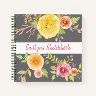 Carnet Aquarelle florale gris nom du script chic