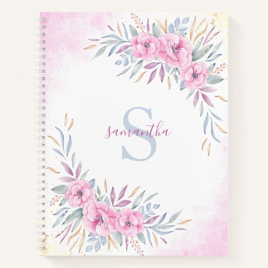 Carnet Aquarelle florale rose monogramme Élégante (Devant)