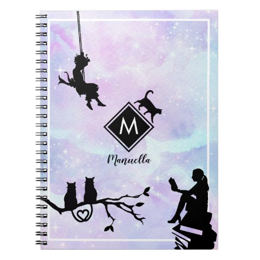 Carnet Aquarelle Galaxy Chat et filles Monogramme (Devant)