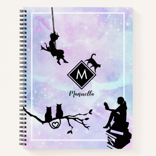 Carnet Aquarelle Galaxy Chat et filles Monogramme Noteboo (Devant)