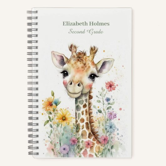 Carnet Aquarelle Giraffe mignonne aux fleurs (Recto)