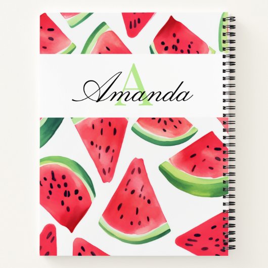 Carnet Aquarelle Green Watermelon Slices Script Monogramm (Dos)
