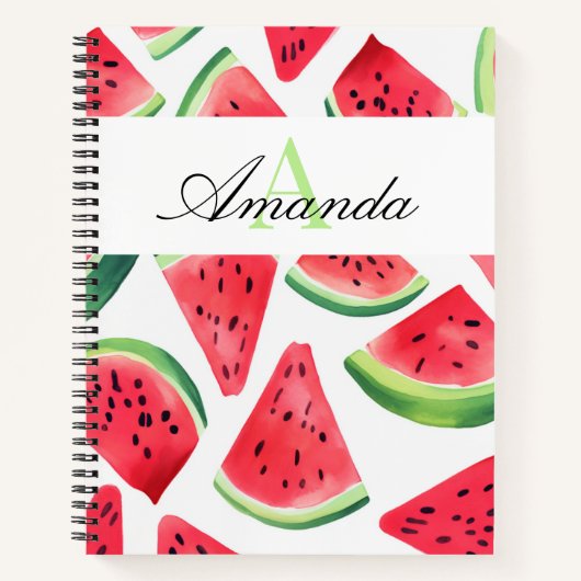 Carnet Aquarelle Green Watermelon Slices Script Monogramm (Devant)