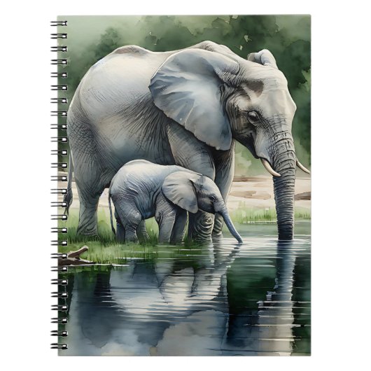 Carnet Aquarelle Illustration de maman et bébé éléphant (Devant)
