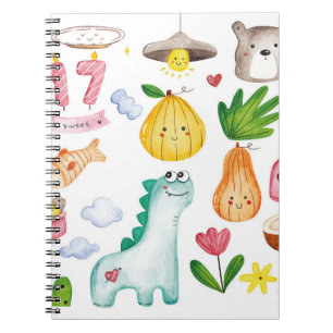 Carnet Aquarelle kawaii doodles isolés sur fond blanc
