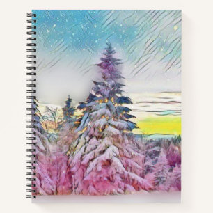 Carnet Aquarelle moderne des arbres enneigés colorés