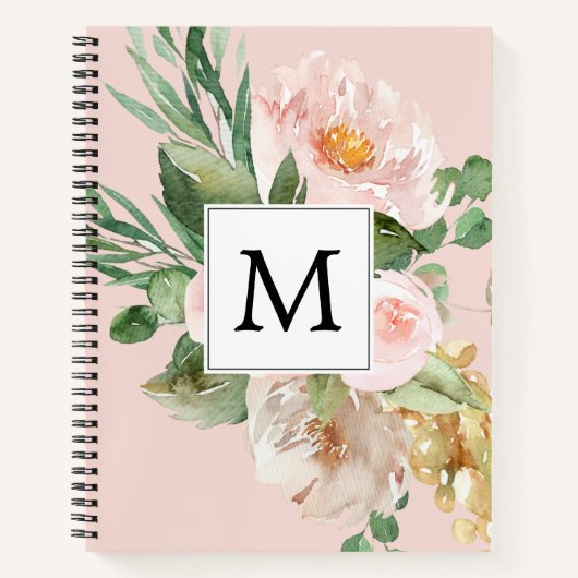 Carnet Aquarelle moderne Fleurs roses Monogrammes (Devant)