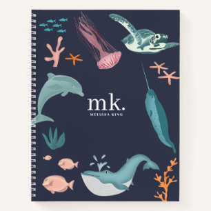 Carnet Aquarelle Océan Animaux marins Monogramme Bleu
