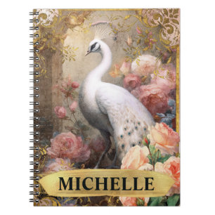 Carnet Aquarelle Paon Blanc Vintage et Roses Roses