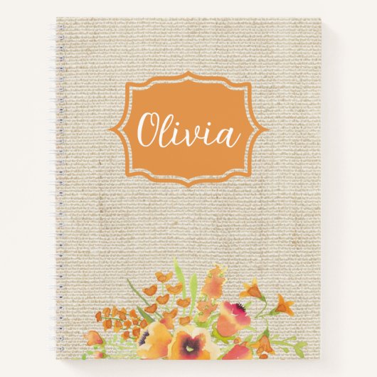 Carnet Aquarelle personnalisée Fleurs orange sur Burlap (Devant)