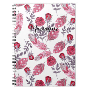 Carnet Aquarelle plumes rouges esquissées fleurs blanc de