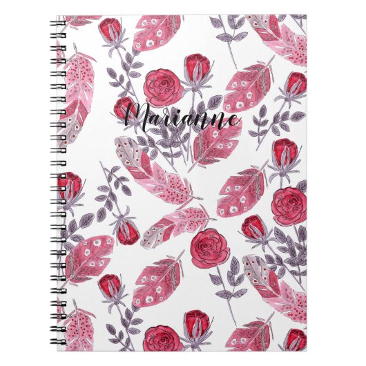 Carnet Aquarelle plumes rouges esquissées fleurs blanc de (Devant)