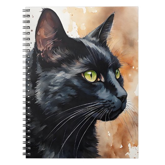 Carnet Aquarelle Portrait de profil de chat noir Pose (Devant)