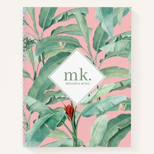 Carnet Aquarelle rose banane tropicale Feuilles Monogramm (Devant)