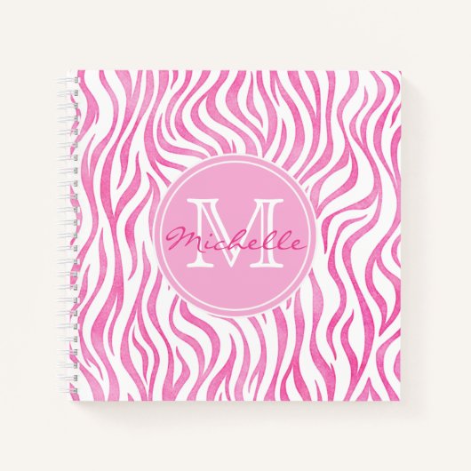 Carnet Aquarelle rose chaud Zebra Print | Monogramme (Devant)