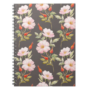 Carnet Aquarelle Rose de chien : motif floral foncé
