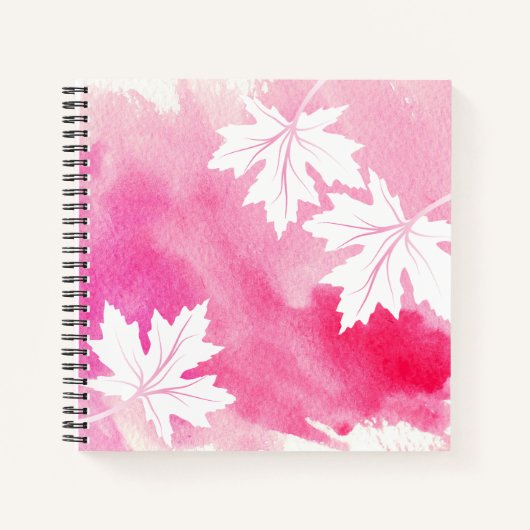 Carnet Aquarelle rose moderne et feuilles d'érable blanc (Devant)