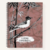 Carnet Aquarelle rose Oiseau Bambou Nom personnalisé (Devant)