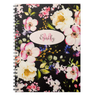 Carnet Aquarelle rose Roses jaunes sur noir, Monogramme