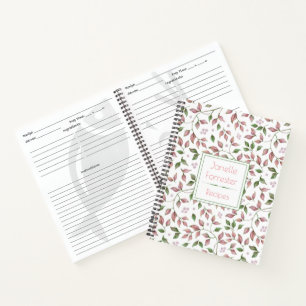 Carnet Aquarelle rose vert Feuilles monogramme
