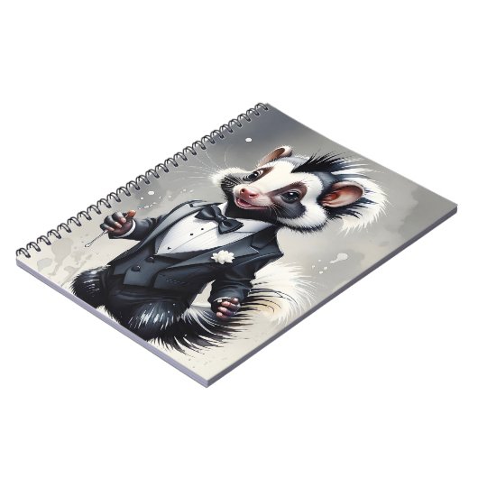 Carnet Aquarelle Skunk Tuxedo Cravate noire Fleur blanche (Côté gauche)