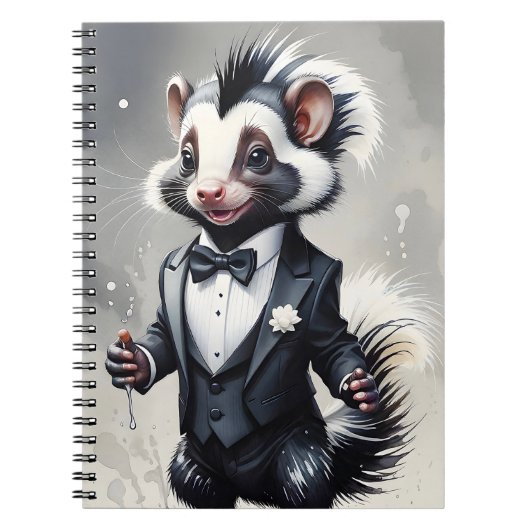Carnet Aquarelle Skunk Tuxedo Cravate noire Fleur blanche (Devant)