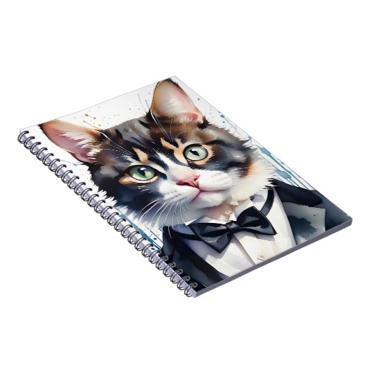 Carnet Aquarelle Tabby Cat dans une Cravate Tuxedo et Bla (Côté Droit)