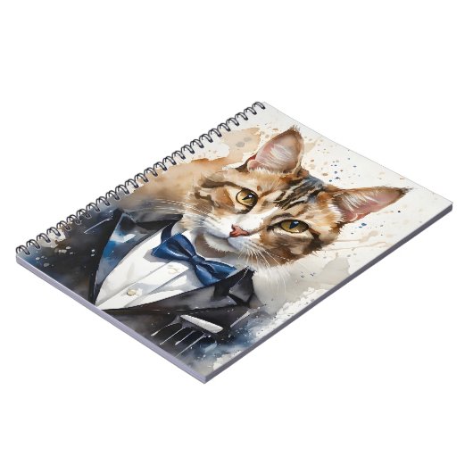 Carnet Aquarelle Tabby Cat dans une Cravate Tuxedo et Blu (Côté gauche)