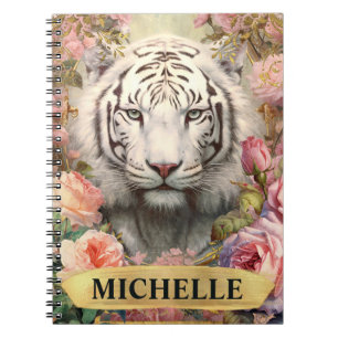 Carnet Aquarelle Tigre Blanc Vintage et Roses Roses