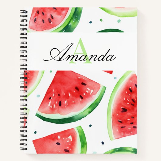 Carnet Aquarelle Vert et blanc pastèque Monogramme (Devant)