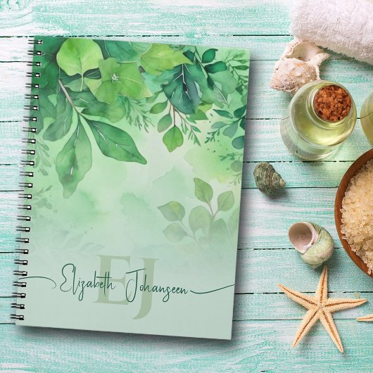 Carnet Aquarelle verte Feuilles Nature tropicale Monogram