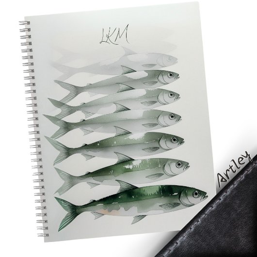 Carnet Aquarelle verte Sardine Art Personnalisé Nom du mo