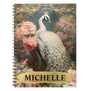 Carnet Aquarelle Vintage Peacock blanc et Roses roses ros