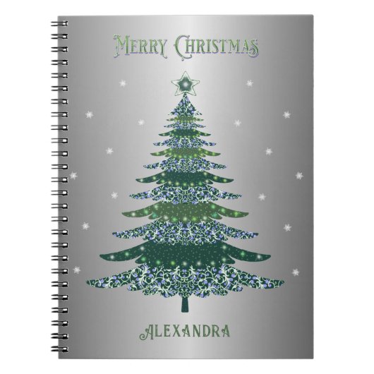 Carnet Arbre de Noël vert Nom personnalisé Argent (Devant)