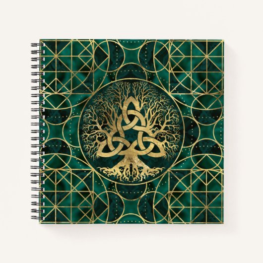 Carnet Arbre de vie avec Triquetra Malachite et Or (Devant)