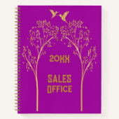 Carnet Arbres d'or monogramme avec oiseaux sur pourpre | (Devant)