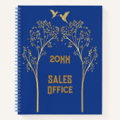Carnet Arbres en or monogrammé avec oiseaux sur bleu | (Devant)