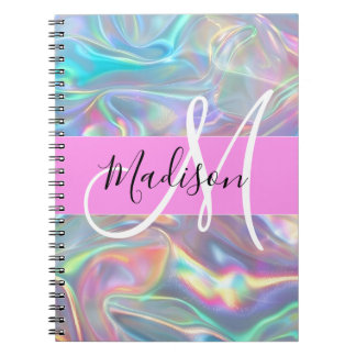Carnet Arc-en-ciel girly holographique iridescent monogra