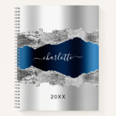 Carnet Argent marine bleu agate nom de marbre élégant (Devant)