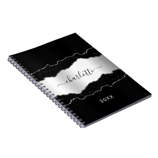 Carnet Argent noir marbre parties scintillant nom script (Côté Droit)